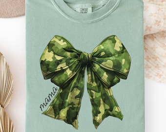 Custom Camouflage Bow Comfort Colors® Shirt, Custom Bow Tee, Camo Girl Gift, Personalized Name Bow Coquette Shirt, Camo Coquette Bow Tshirt