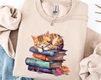 Bookish Cat Lover Sweatshirt, Book Lovers Sweater, Bookworm Sweatshirt, Reading Cat Owner Sweater, Reading Lovers Gift, Read Books Crewneck