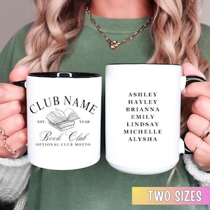 May include: Two white ceramic mugs with black rims and handles. One mug features "CLUB NAME" above a book illustration and "Book Club". The other mug lists names. The text "TWO SIZES" is at the bottom.