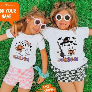 Kids Halloween Shirt Cute Spooky Personalized Kids Name Shirt Custom Halloween Ghost Shirt Toddler Halloween Custom Kids Name Skeleton Tee