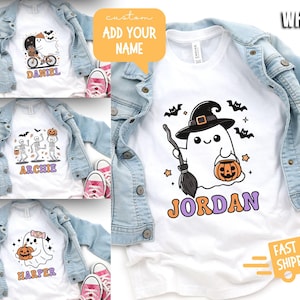 Kids Halloween Shirt Cute Spooky Personalized Kids Name Shirt Custom Halloween Ghost Shirt Toddler Halloween Custom Kids Name Skeleton Tee