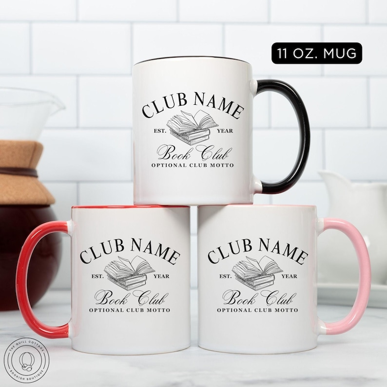 May include: White ceramic mugs with black, red, and pink handles. Each mug features the text "CLUB NAME" above a stack of books, with "Book Club" below. The mugs are 11 oz.