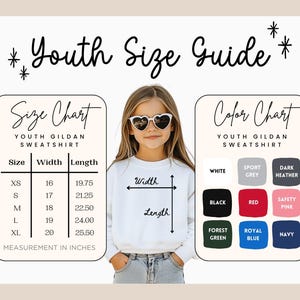 May include: A youth size guide for Gildan sweatshirts featuring a size chart with measurements in inches and a color chart. The size chart lists XS to XL with corresponding width and length. The color chart displays nine available fabric colors.