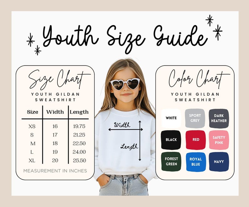 May include: A youth size guide for Gildan sweatshirts featuring a size chart with measurements in inches and a color chart. The size chart lists XS to XL with corresponding width and length. The color chart displays nine available fabric colors.