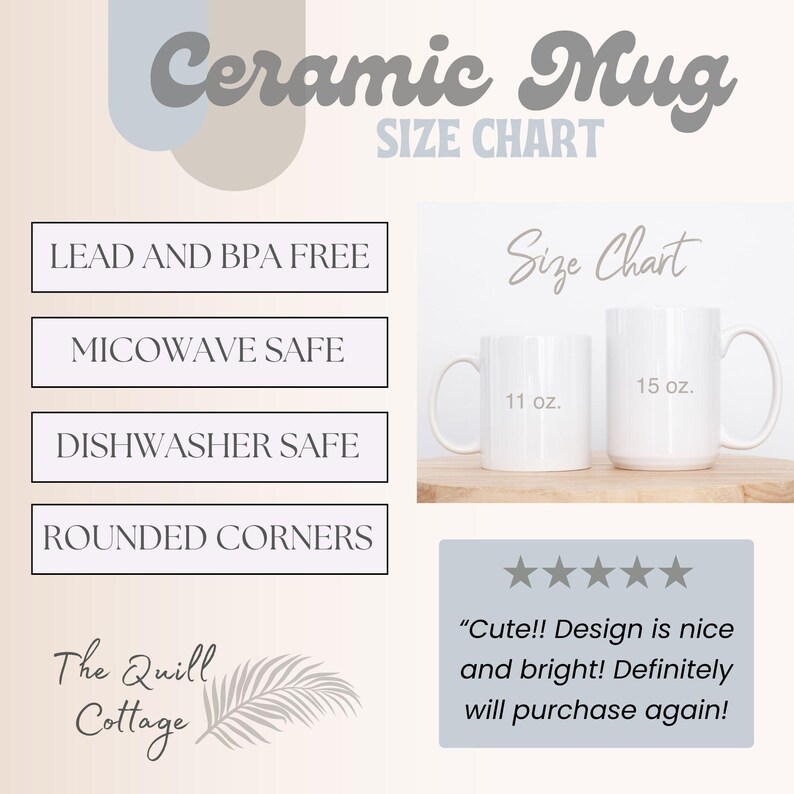 May include: White ceramic mugs in 11 oz and 15 oz sizes are displayed in a size chart. The image includes text stating the mugs are lead and BPA free, microwave and dishwasher safe, and have rounded corners. The Quill Cottage logo is also present.