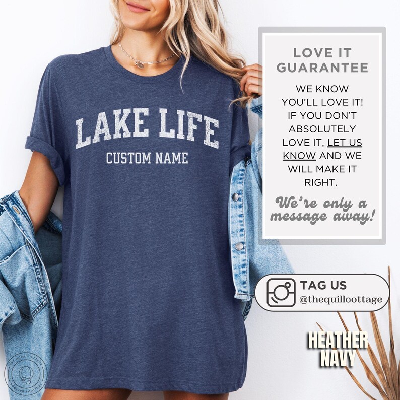 Chemise lac personnalisée, chemise week-end lac, cadeau personnalisé pour propriétaire d'une maison lac, chemise voyage en famille, t-shirt vacances lac, cadeau personnalisé pour amoureux du lac Heather Navy