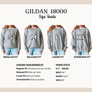 May include: Gildan 18000 size guide featuring four grey crewneck sweatshirts labeled S, M, L, and XL. The chart displays fit options including regular, relaxed, loose, and oversized, alongside model stats of 5' 4" and 120 lbs with bust, waist, and hip measurements.