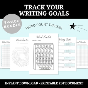 Puede incluir: Un paquete de PDF imprimible de 7 páginas de rastreadores de conteo de palabras para escritores. El paquete incluye un rastreador de cuadrícula, un rastreador circular, un rastreador con forma de libro, un rastreador de tareas de escritura y un rastreador de objetivos.