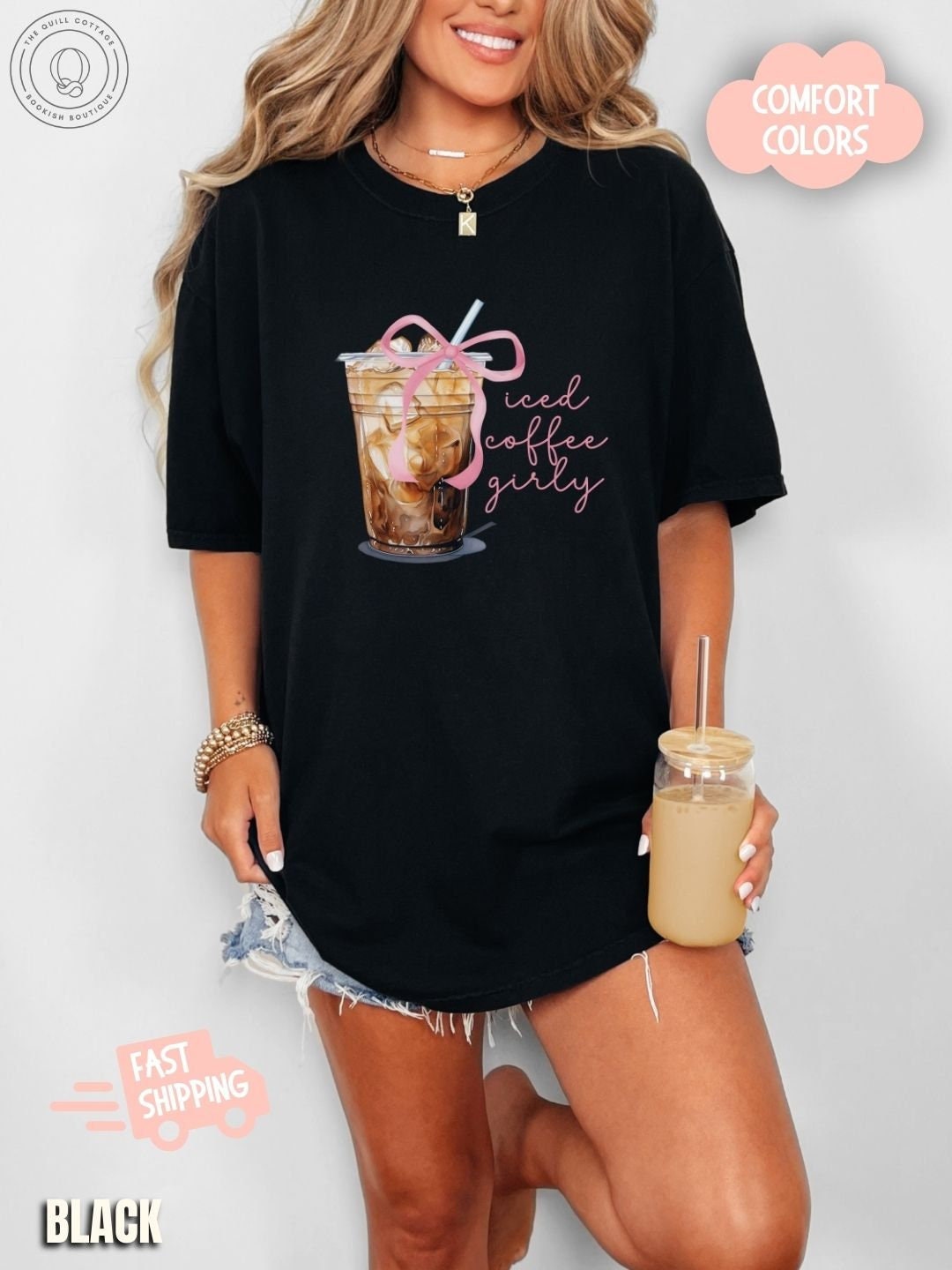 Iced Coffee Girly Comfort Colors® Shirts Pink Bow Coquette Ice Coffee ...
