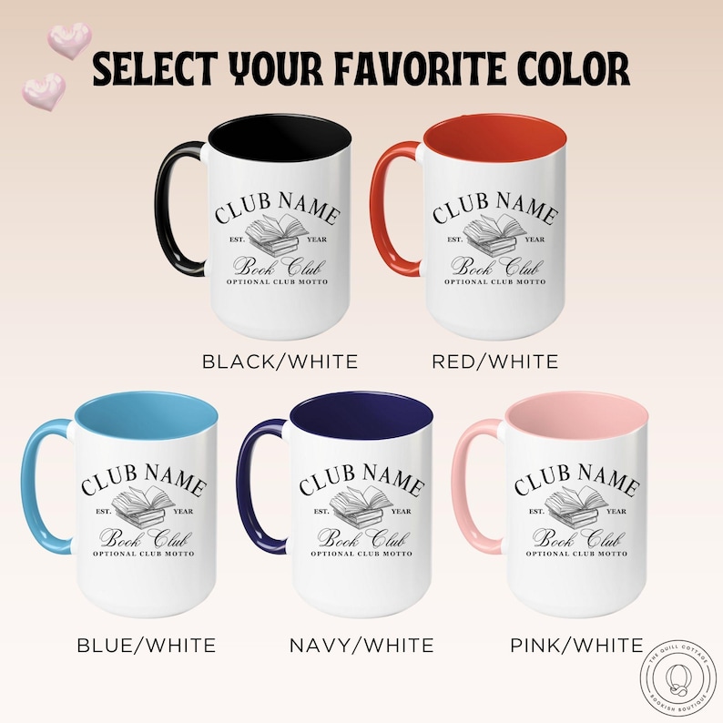 May include: White ceramic mugs with colored handles and interiors. Each mug features the text "CLUB NAME" above an open book graphic, with "Book Club" below. Available colors include black, red, blue, navy, and pink.