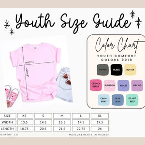 May include: A youth size guide for Comfort Colors 9018 t-shirts, featuring a light pink t-shirt with width and length measurement lines, a color chart with 10 color swatches, and a table listing sizes XS to XL with measurements in inches.