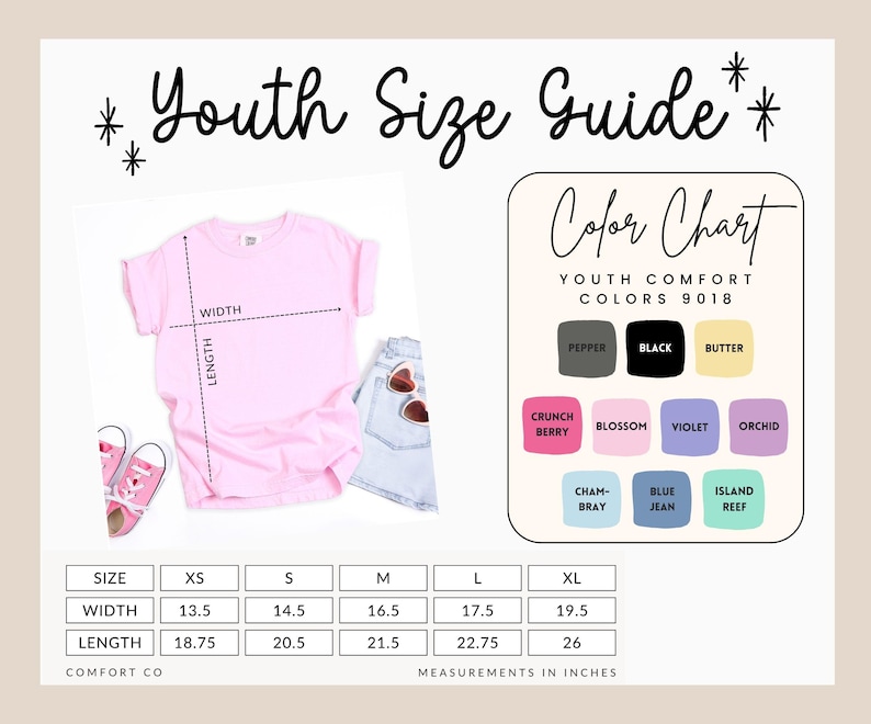 May include: A youth size guide for Comfort Colors 9018 t-shirts, featuring a light pink t-shirt with width and length measurement lines, a color chart with 10 color swatches, and a table listing sizes XS to XL with measurements in inches.