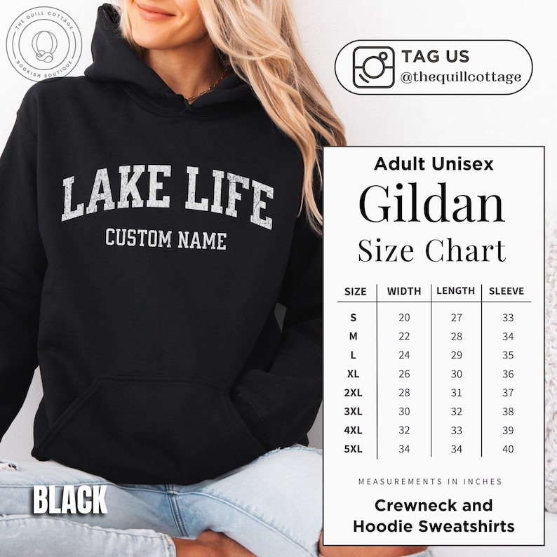 May include: A black hooded sweatshirt featuring the white text LAKE LIFE and CUSTOM NAME on the chest. A size chart for adult unisex Gildan crewneck and hoodie sweatshirts is displayed on the right, listing measurements in inches for sizes S to 5XL.