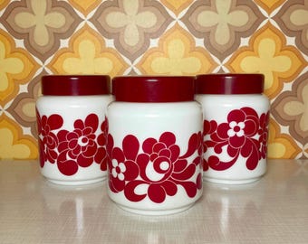 Set of 3 storage containers from the 70s made of Arcopal in white with red pattern | Mid Century | Vintage