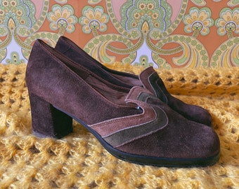 70er Jahre Schuhe / Pumps aus braunem und grünem Leder (Größe UK 5,5 / EU 38) | Mid Century | Vintage | Rare