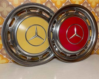 1/2 Mercedes Benz hubcap 14 inch for the models W123 W114 W115 or as decoration in yellow or red | 60s 70s | Mid Century | Vintage