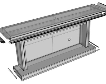 May include: A wireframe model of a modern entertainment center with a glass top, two doors, and a shelf. The entertainment center has a drawer at the bottom.