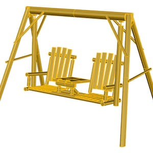 Könnte beinhalten: Eine gelbe Holzschaukel mit zwei Sitzen. Die Schaukel hat ein einfaches Design mit zwei A-förmigen Stützen und einer horizontalen Oberstange.