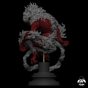 May include: A detailed sculpture of a creature with red skin and grey fur-like details. The figure is in a crouching position, mounted on a black pedestal with a gold rod. The sculpture has a dynamic pose and intricate textures.