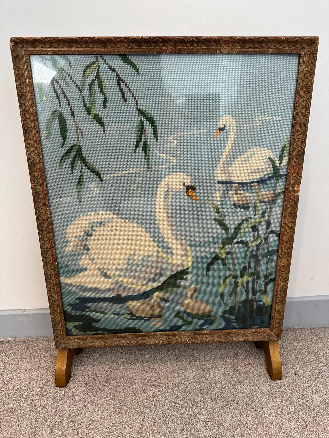 Vintage Swan Tapestry Fire Screen | Needlepoint Panel in Ornate Gold ...