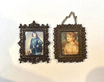 Small Ornate Italian Brass Frames with Gainsborough Prints | Boy in Blue & Girl Portrait | Ready to Hang | Gallery Wall Pair | 9.5x7, 8.5x7