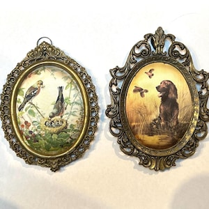 Near Pair of Italian Brass Picture Frames with Silk Art | Birds & Setter Dog | Ornate Vintage Frames