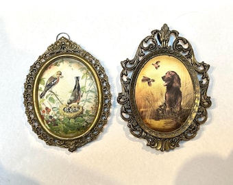Near Pair of Italian Brass Picture Frames with Silk Art | Birds & Setter Dog | Ornate Vintage Frames