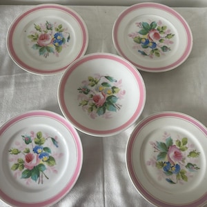 Set of 4 French Porcelain Plates + Footed Bowl | Hand Painted Florals | 22 & 21cm | Vintage VGC | Elegant Tableware or Display Set