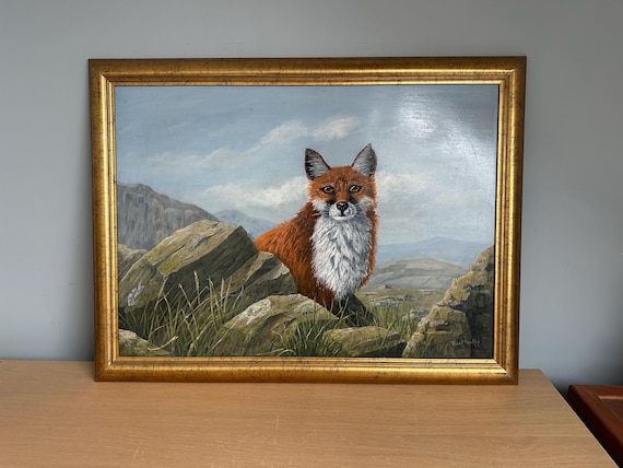 Large Framed Oil Painting Fox in Mountain Landscape Signed Robert Newton Wildlife Country House Art
