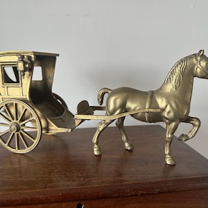 Messing Pferd & Hackenwagen | Vintage Messing Figur | Arbeitsräder | Ausgefallenes Vitrinenstück | 33x14x7cm