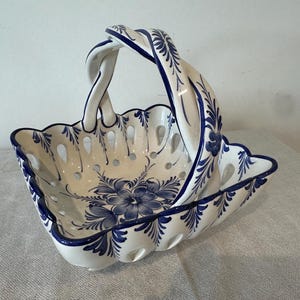 Vintage RCCL Portuguese Hand Painted Blue and White Ceramic Basket with Plaited Handle | Decorative Pottery | Lovely Display Piece