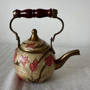 Vintage Cloisonné Floral Teapot | 15x15cm | Enamel with Wooden Handle | Chinese Decorative Teapot | VGC | Minor Wear to Handle
