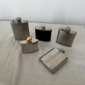Set of 5 Branded Stainless Steel Hip Flasks | Glenfiddich, Talisker, Jack Daniel’s, Livingstone | Vintage Barware Collection