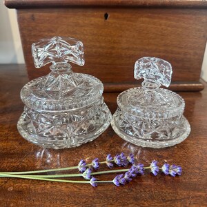 Vintage Pressed Glass Trinket Boxes – Dressing Table Jewellery Storage – Geometric Cut Design – Graduated Pair with Lids