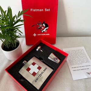 Vintage Switzerland Fly Virgin Trains Hip Flask Gift Set | Boxed with Funnel & 2 Branded Shot Glasses | Cow Motif | 11x9cm | Flatman set