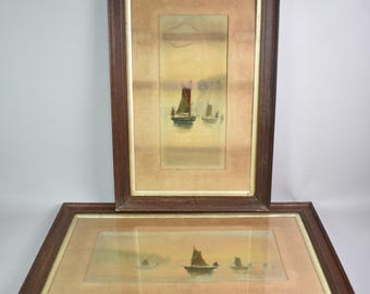 Par de acuarelas de veleros antiguos / Arte náutico / Encanto rústico del Viejo Mundo / Pinturas originales / Enmarcadas / VGC con signos de antigüedad