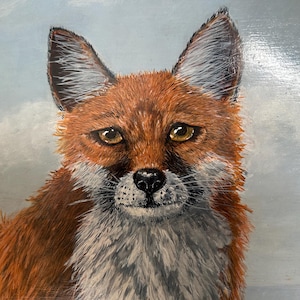 May include: A detailed painting of a red fox with a white chest and a black nose. The fox has large, pointed ears and is set against a cloudy, light blue background. The fox's fur is a mix of orange, brown, and white.