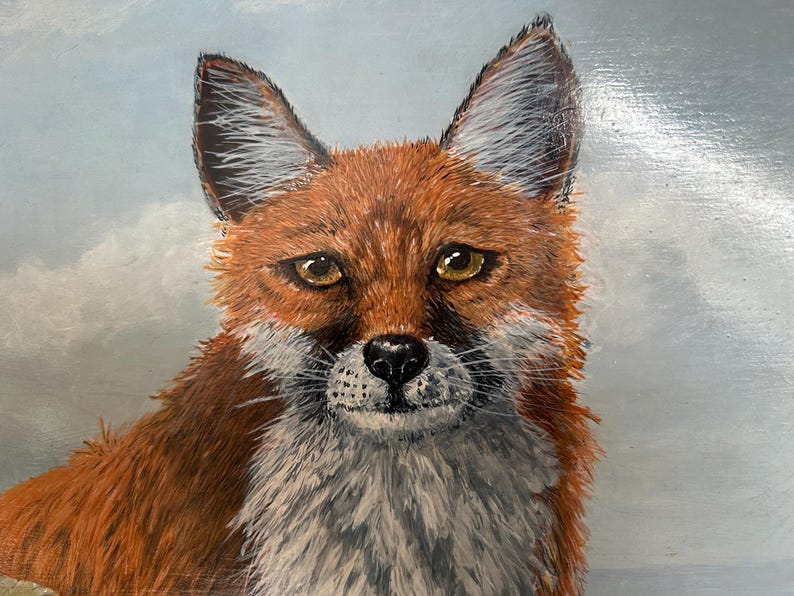 May include: A detailed painting of a red fox with a white chest and a black nose. The fox has large, pointed ears and is set against a cloudy, light blue background. The fox's fur is a mix of orange, brown, and white.