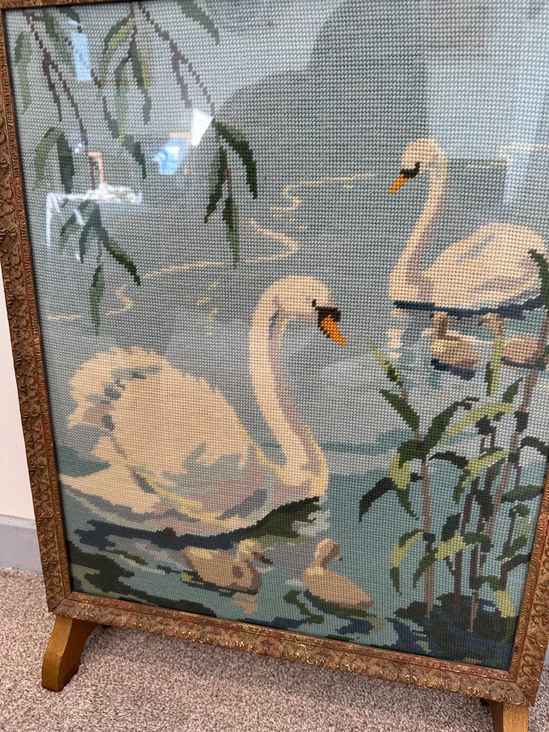 Vintage Swan Tapestry Fire Screen | Needlepoint Panel in Ornate Gold ...