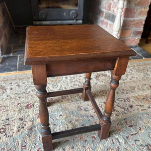 Vintage Solid Oak Stool | 40cm Tall | Small Wooden Side Table or Plant Stand | Rustic Grain | Country Cottage Decor | 28x29cm Seat