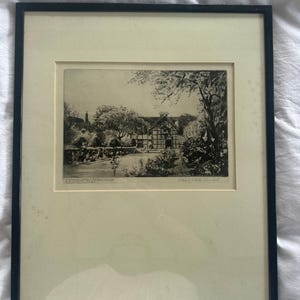 Ets van de geboorteplaats van Shakespeare – gesigneerd door A. Watson Turnbull, ingelijst en ingelijst, Stratford-upon-Avon-kunstwerk, 47,5 x 39 cm