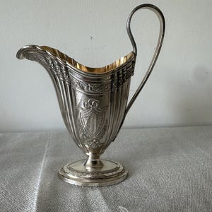Vintage Silver Plated Cream Jug | Ornate Engraved Design with Shield | High Handle | Decorative Antique Style | 16x12cm