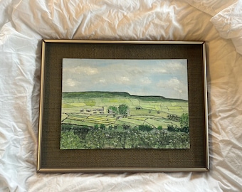 Green Hill Landscape Oil Painting | Naive English Countryside Art | Signed G Duke | Vintage Original Oil on Board | Rustic Wall Decor