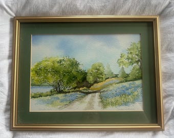 Original Signed Watercolour by Gordon Wilkinson – Bluebell Path & Lake Scene – 44x34cm