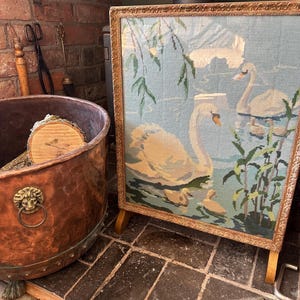 Vintage Swan Tapestry Fire Screen | Needlepoint Panel in Ornate Gold ...