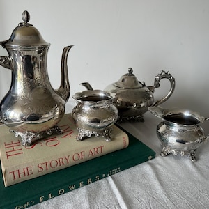4-Piece Silver Plated Tea Set | Ornate EPNS Coffee Pot, Teapot, Jug & Sugar Bowl | Heavy Gauge | Matching Engraved Set | VGC