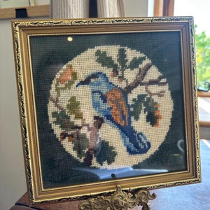 Vintage Needlepoint of Bluebird | Framed Fibre Art in Gold Frame | Mid Century Embroidery Wall Art 24x24cm VGC
