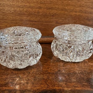 True Pair of Cut Glass Trinket Boxes | Crystal Lidded Vanity Jars with Petal Design Lids | Dressing Table Storage | Vintage VGC