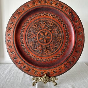Large Polish Carved Wooden Plate | Floral Decorative Wall Platter | Handcrafted Vintage Folk Art | Rustic Boho Decor 34cm