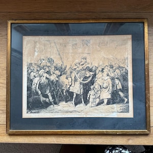 Antieke Italiaanse gravure, ingelijste klassieke menigtescène met jongen te paard, vintage muurkunst